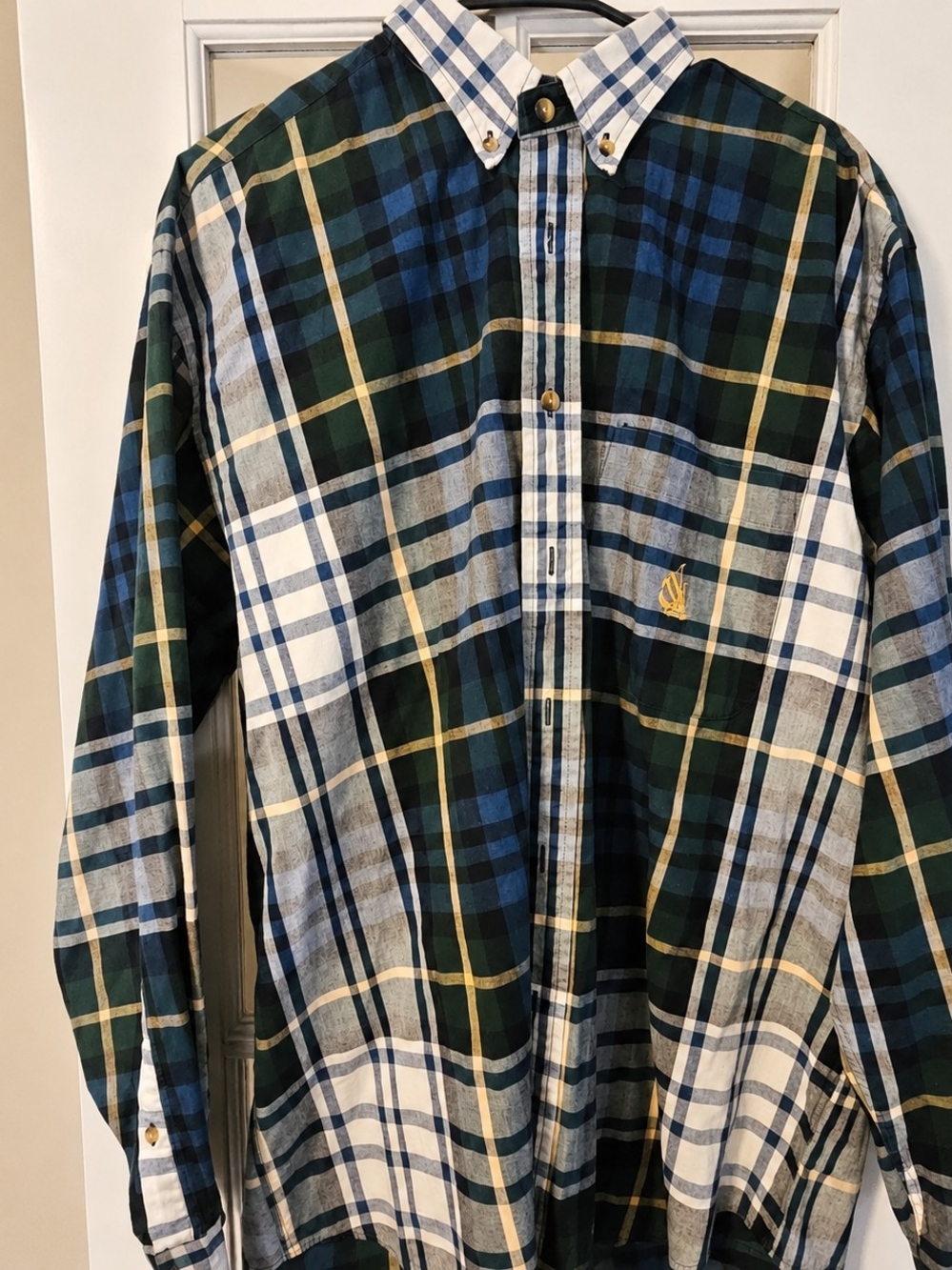 Men’s Green Blue Plaid Long Sleeve Button-Down Shirt Embroidered Logo